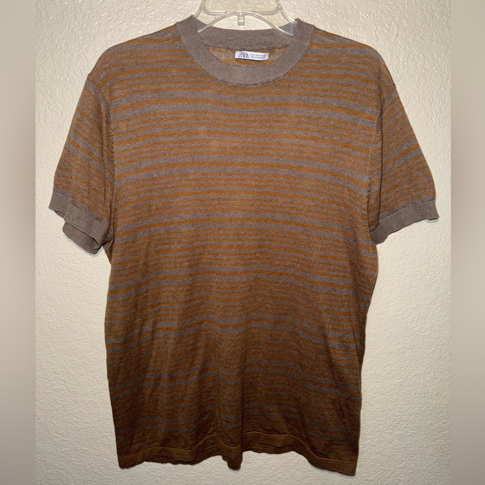 Zara Women’s Medium Brown Striped Linen Blend Tee Minimalist Casual